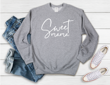 Load image into Gallery viewer, Softest Crewneck Sweatshirt. Designed to elevate your vibe to help you live your intention. You are amazing mama. The days can be the best, the worst, so fulfilling, the most stressful, crying, laughing, napping, and caffeine- all before noon. I am a mom too. I get it. I promise you babe, you&#39;ve got this- even when it feels like you don&#39;t. To them, you are a sweet mama, no matter what moment YOU are in. Grey crewneck sweatshirt with white sweet mama print.
