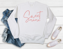 Load image into Gallery viewer, Softest Crewneck Sweatshirt. Designed to elevate your vibe to help you live your intention. You are amazing mama. The days can be the best, the worst, so fulfilling, the most stressful, crying, laughing, napping, and caffeine- all before noon.  I am a mom too. I get it.  I promise you babe, you&#39;ve got this- even when it feels like you don&#39;t. To them, you are a sweet mama, no matter what moment YOU are in. White crewneck sweatshirt with pink sweet mama print. 
